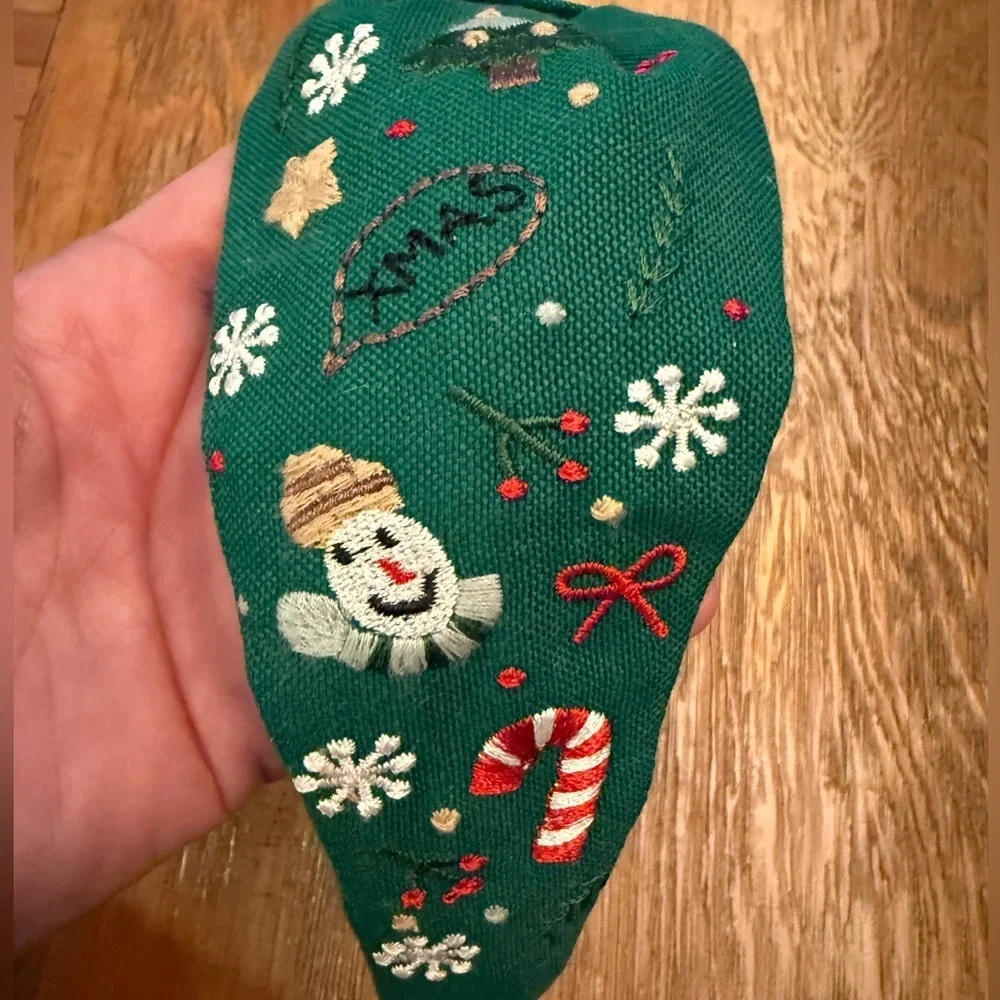 Festive Green Red Christmas Headband with Holiday Embroidery